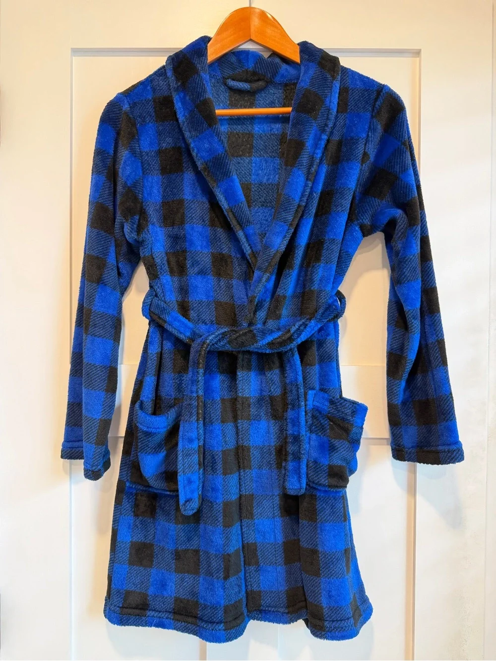 Kids Blue & Black Buffalo Plaid Fleece Robe with Belt